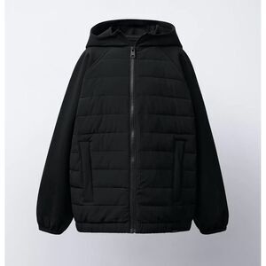 Zara Neoprene Black Hooded Puffer Jacket NWT Size 7-8 years old